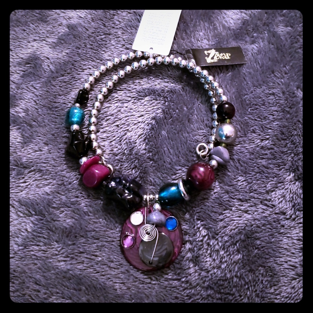 Zevar Beaded Purple Black and Teal Pendant Choker